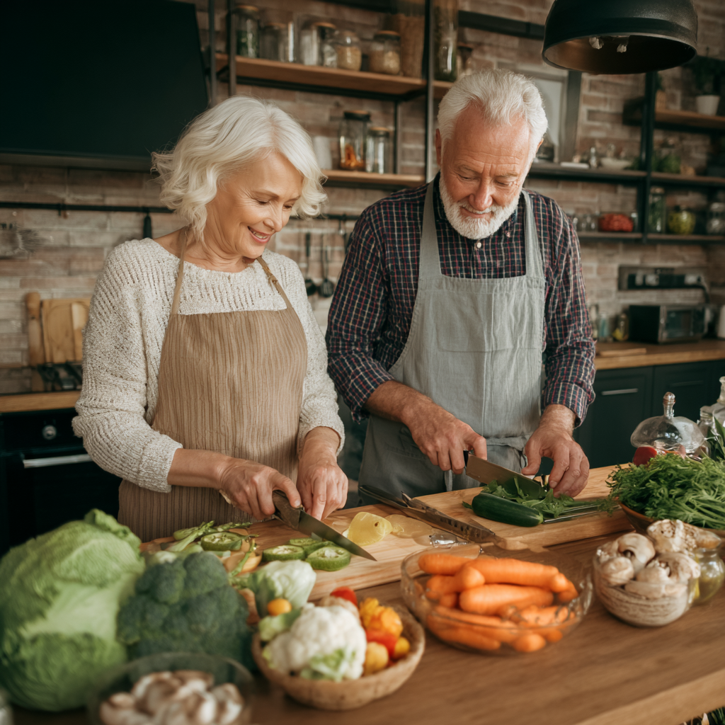 Middle-aged adults preparing healthy balanced meals with vegetables and whole grains