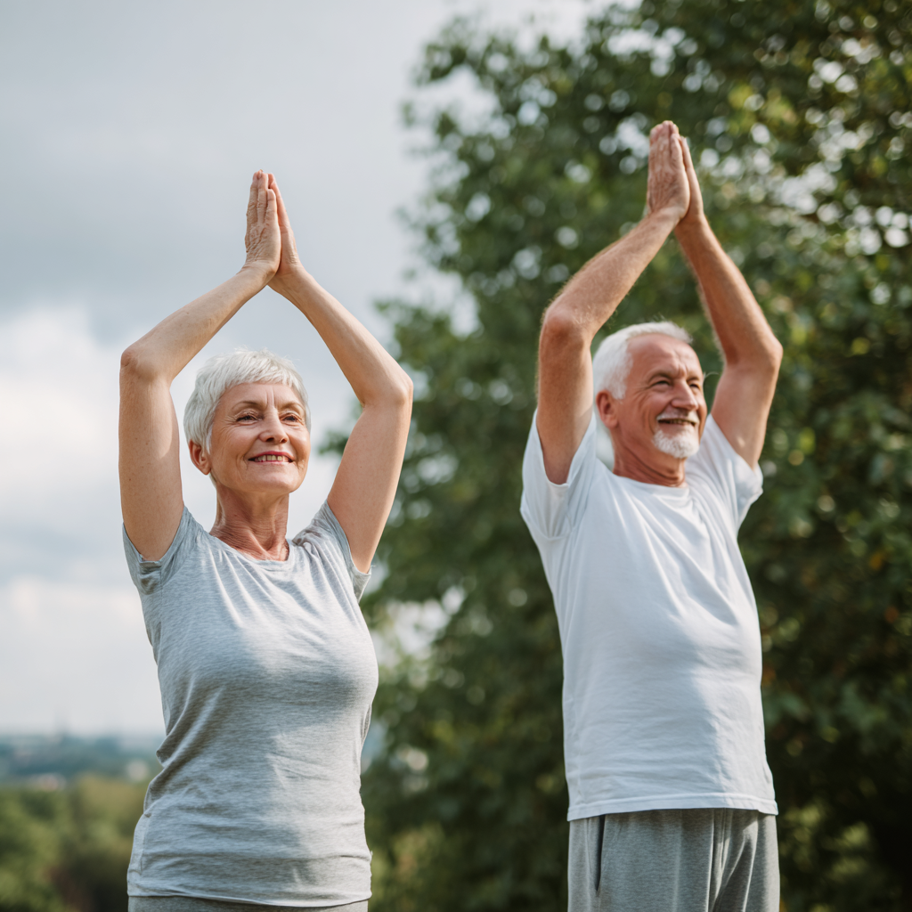 Older adults enjoying outdoor activities and maintaining flexibility through balanced nutrition